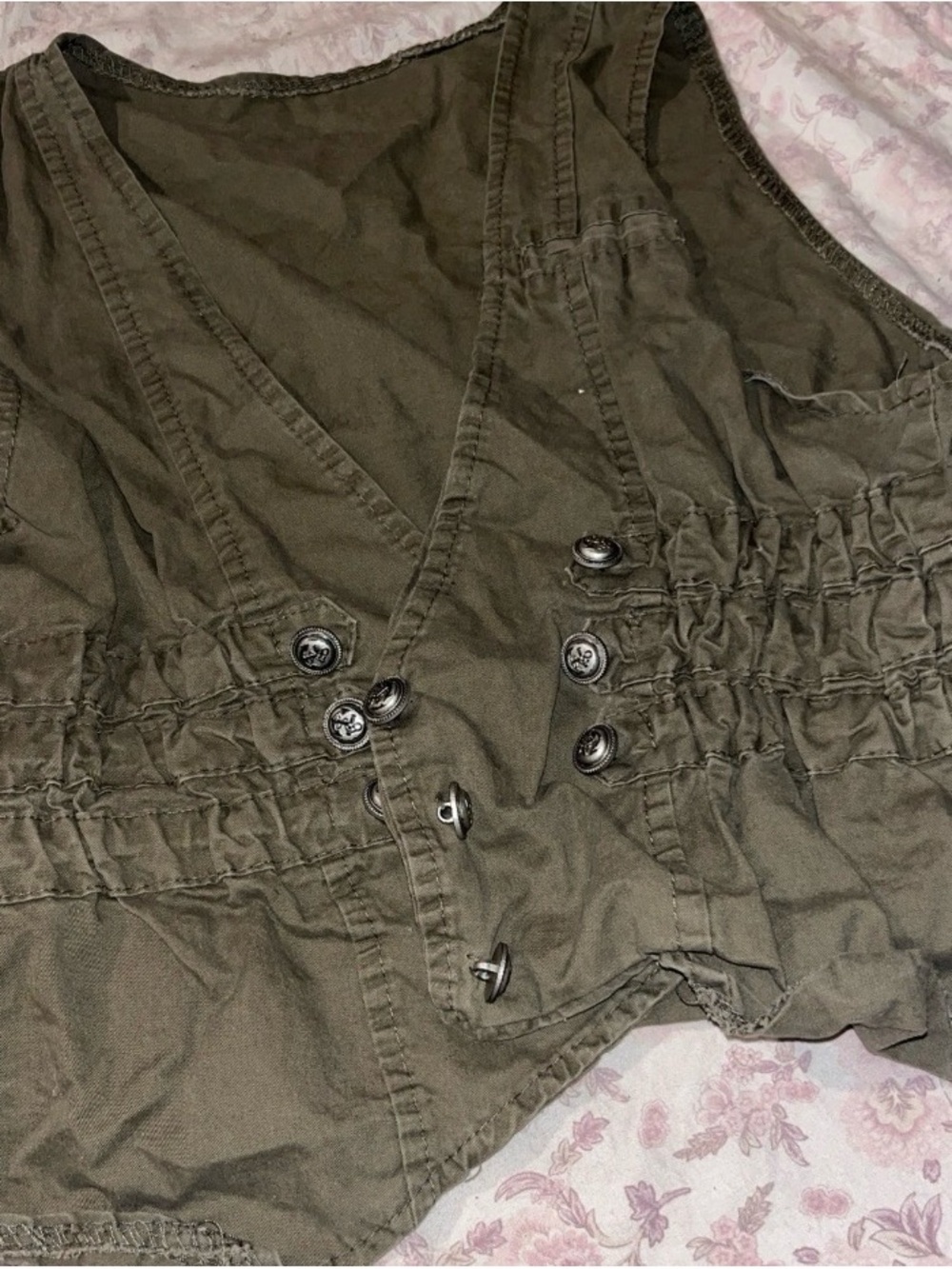 Women's Olive Green Button-Front Utility Vest with Gathered Waist